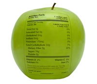 A green apple with nutrition facts label in imposed on - black lettering